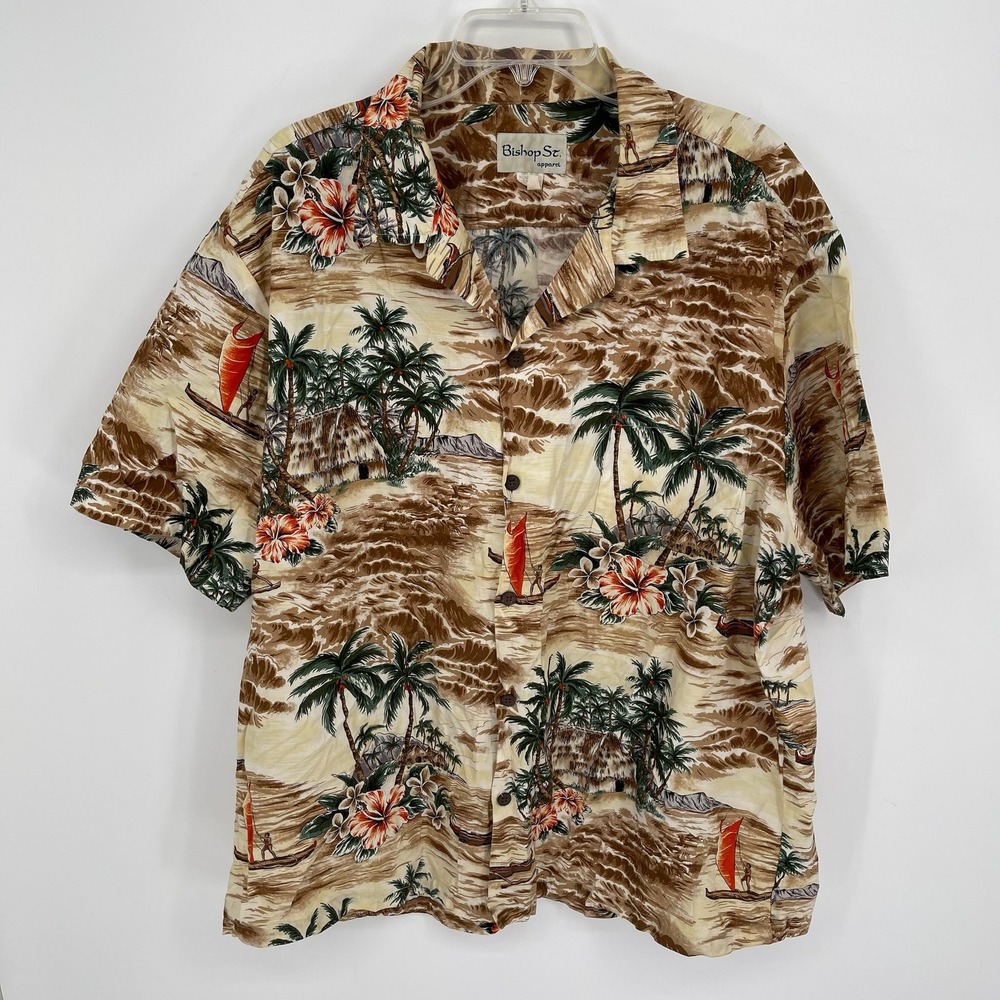 Bishop St. Apparel Men's Vintage Tan Tropical Hawaiian Button Up Shirt Size XL